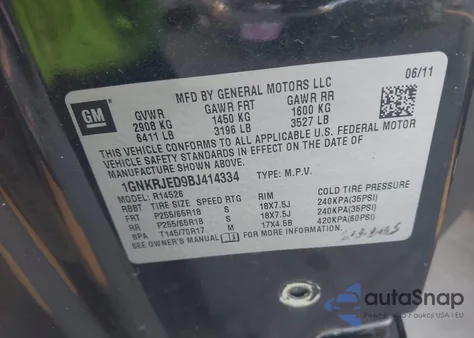 2011 Chevrolet Traverse 2Lt z USA, uszkodzony, nr VIN 1GNKRJED9BJ414334